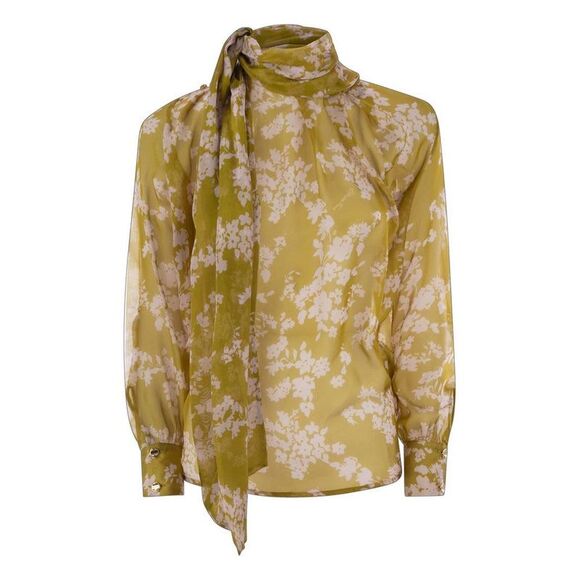 ELISABETTA FRANCHI Women's Floral Print Long Sleeve Pussy-Bow Blouse Women OCHRE